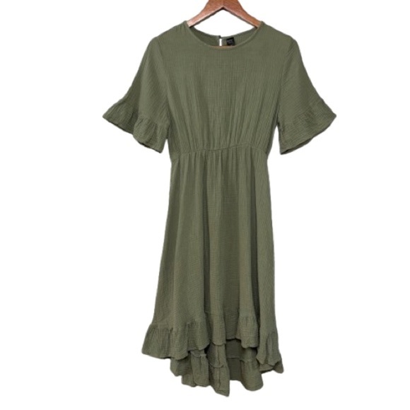 Emery Rose Sage Green 100% Cotton A-Line High-Low Seersucker Dress Size M - Picture 2 of 6